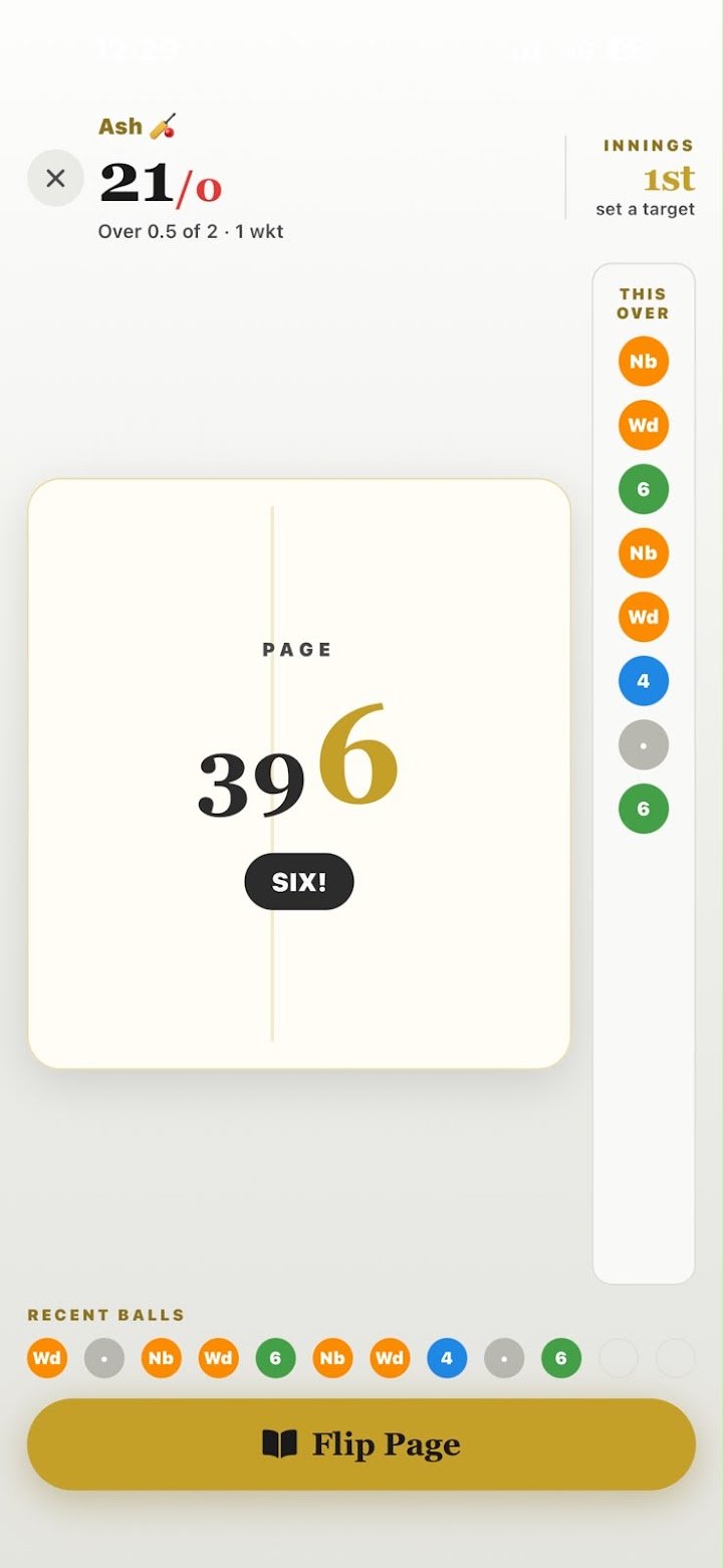 Live match screen: Ash 21 for 0, page number 396 with the last digit 6 large in gold, SIX called below, and a column of this-over ball chips down the right.