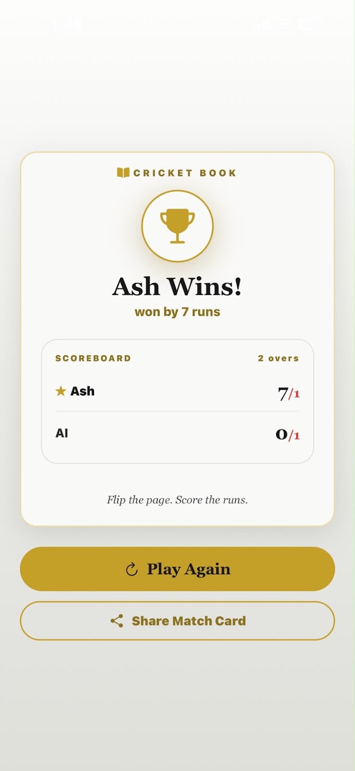 Result card: a gold trophy above Ash Wins, won by 7 runs, with the scoreboard showing Ash 7 for 1 and AI 0 for 1 over 2 overs.