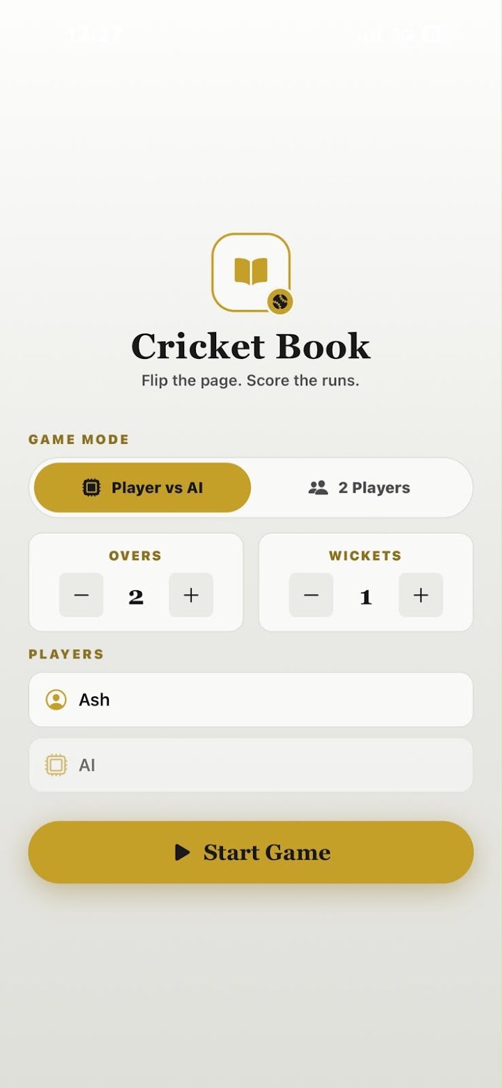 Match setup screen: Player vs AI selected, overs set to 2 and wickets to 1 with plus and minus steppers, players Ash and AI, and a Start Game button.